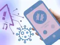 Varningstriangel med utropstecken och en virus-symbol på en Android-telefon. Skydda din enhet mot virus.