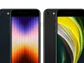 Två svarta iPhones, en med en färggrann bakgrund och en med en gulgrön bakgrund. Perfekt iphone se storlek för fickan.