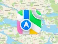 Apple kartor-ikonen svävar över en karta över Stockholm.