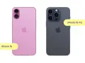 Två iPhones, en rosa iPhone 16 och en mörkgrå iPhone 15 Pro, visas sida vid sida. Perfekt för att kopiera iPhone till iPhone.