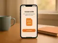 iPhone-skärm visar hur du installerar eSIM. En mugg och en anteckningsbok syns i bakgrunden.