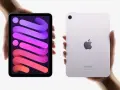Två händer håller varsin iPad mini. Den vänstra visar en färgstark bakgrund, den högra visar baksidan med Apple-loggan. Nya iPad generationer.