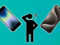 En person funderar vilken iOS jag har, med två iPhones som visar olika skärmar.