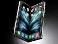 En futuristisk iPhone flip-telefon med två skärmar som visar ikonerna för appar.