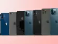 Rad av iPhones i olika färger och iphone storlekar, från SE till Pro Max-modeller.