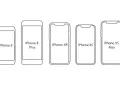 Linjerade illustrationer av iPhones i olika storlekar: iPhone 8, 8 Plus, XR, XS och XS Max. Jämför iPhone XR mått med andra modeller.