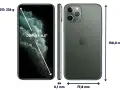 iPhone 11 Pro Max storlek: 6,5-tums skärm, 158,0 mm höjd, 77,8 mm bredd, 8,1 mm tjocklek och väger 226 g.
