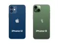 Jämförelse av iPhone 12 och 13. Den blå iPhone 12 har två kameror, medan den gröna iPhone 13 har en diagonal kameralinsplacering.