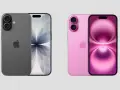 Två iPhones, en grå och en rosa, visas upp. Den grå har en skärm med ett abstrakt mönster. Den rosa visar en skärm med en mjuk, rundad design. Kanske en framtida iPhone 20?