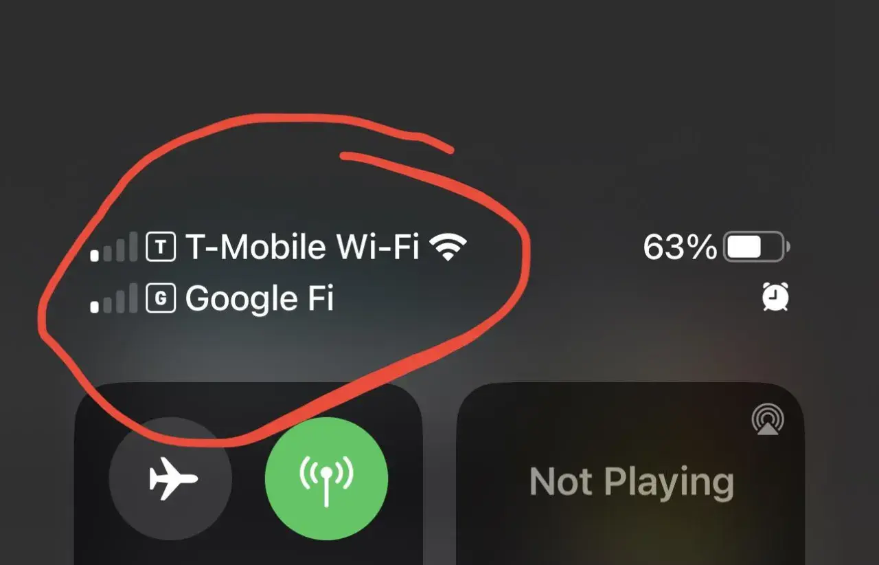 Telefonen visar T-Mobile Wi-Fi och Google Fi som tillgängliga nätverk för wifi samtal. Batteriet är på 63%.