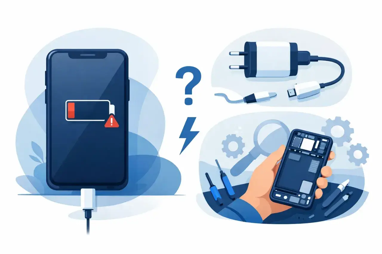 En mobil med lågt batteri och en varningstriangel. Bredvid syns laddare, verktyg och en öppen mobil, vilket antyder att mobilen laddar inte.