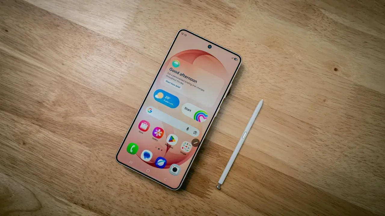 Samsung-telefon med stylus och simkort. En skärm visar "Good afternoon" och väder.