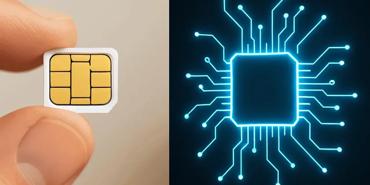 En tumme håller ett digitalt SIM-kort bredvid en lysande blå krets.