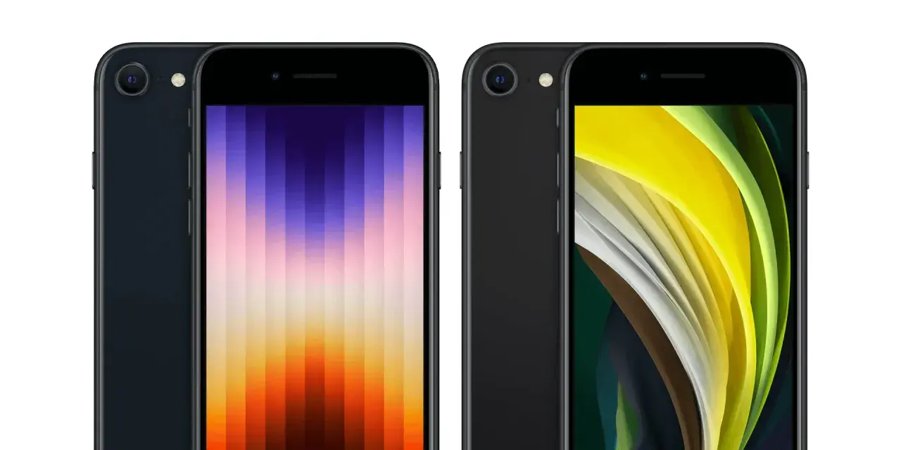 Två svarta iPhones, en med en färggrann bakgrund och en med en gulgrön bakgrund. Perfekt iphone se storlek för fickan.