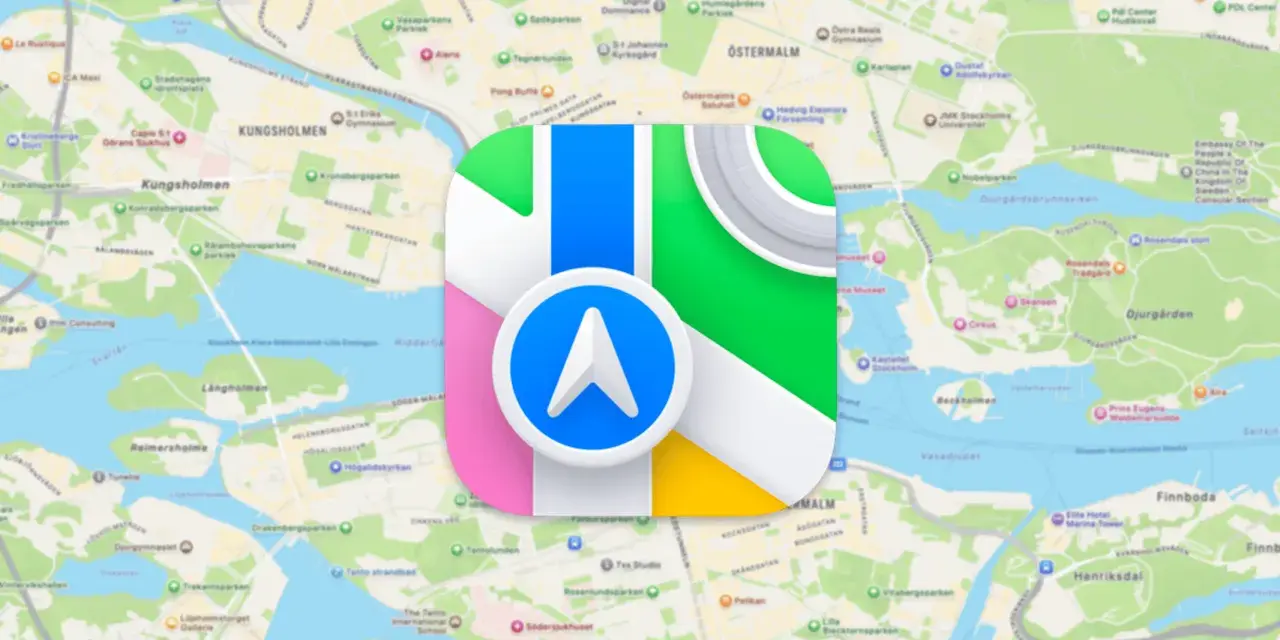 Apple kartor-ikonen svävar över en karta över Stockholm.