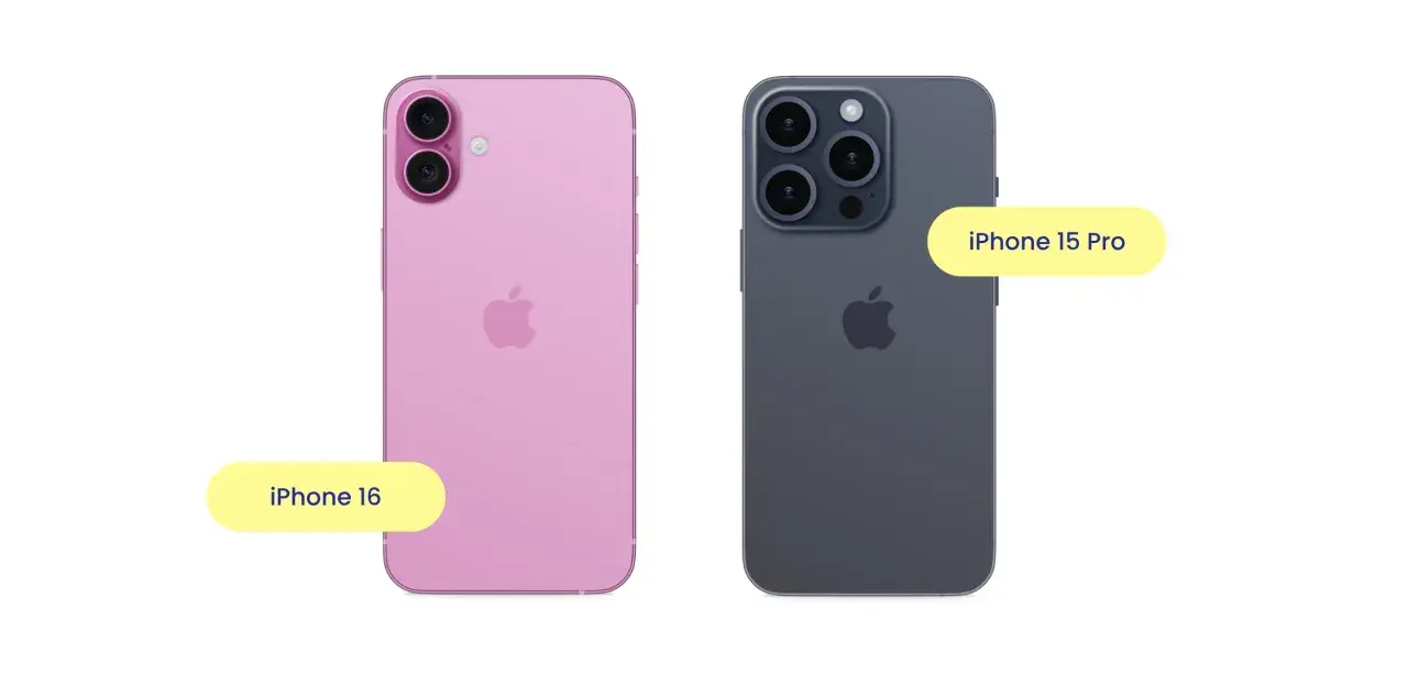 Två iPhones, en rosa iPhone 16 och en mörkgrå iPhone 15 Pro, visas sida vid sida. Perfekt för att kopiera iPhone till iPhone.