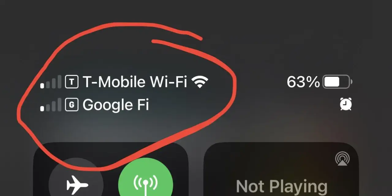 Telefonen visar T-Mobile Wi-Fi och Google Fi som tillgängliga nätverk för wifi samtal. Batteriet är på 63%.
