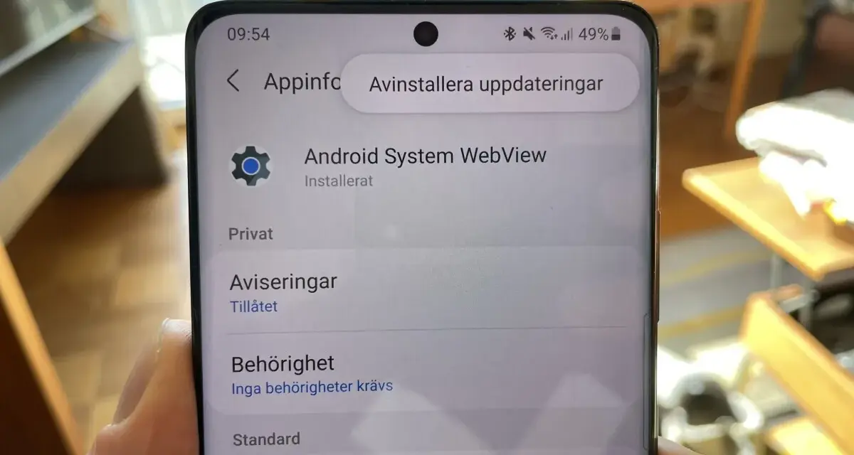 Telefonens skärm visar inställningar för Android System WebView. Kanske behöver du starta om Android för att uppdateringarna ska fungera.