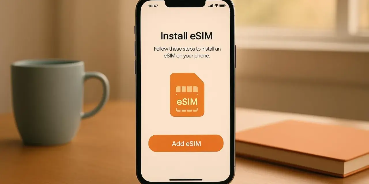 iPhone-skärm visar hur du installerar eSIM. En mugg och en anteckningsbok syns i bakgrunden.