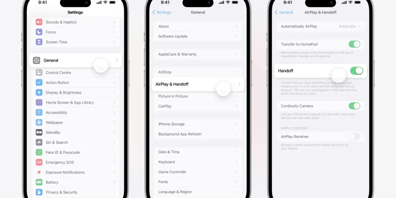 Urklipp från iPhone-inställningar visar AirPlay & Handoff. Här kan du aktivera Handoff för smidig övergång mellan enheter.