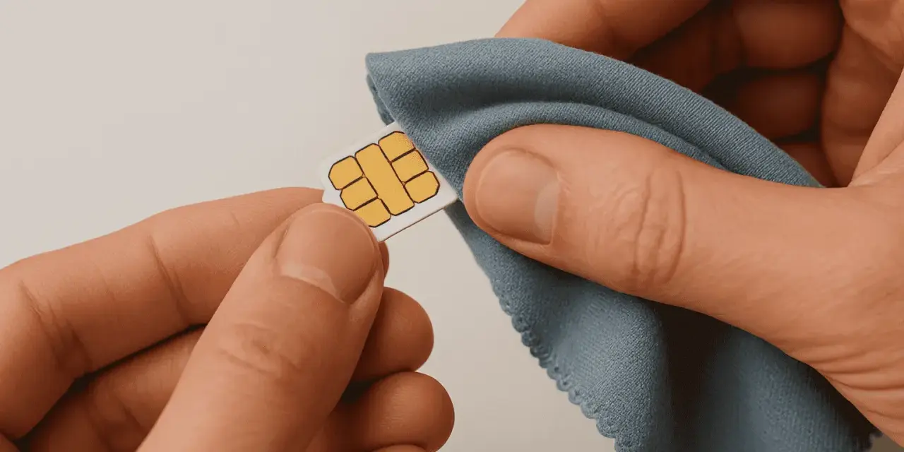 Händer som försiktigt putsar ett SIM-kort med en blå trasa. Enkel guide för hur man får ut simkortet.