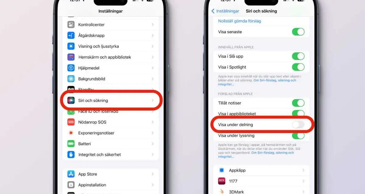 Inställningar på iPhone: Siri och sökning. Här kan du styra vad som visas vid sökning och delning, vilket kan underlätta när du vill importera kontakter iPhone.