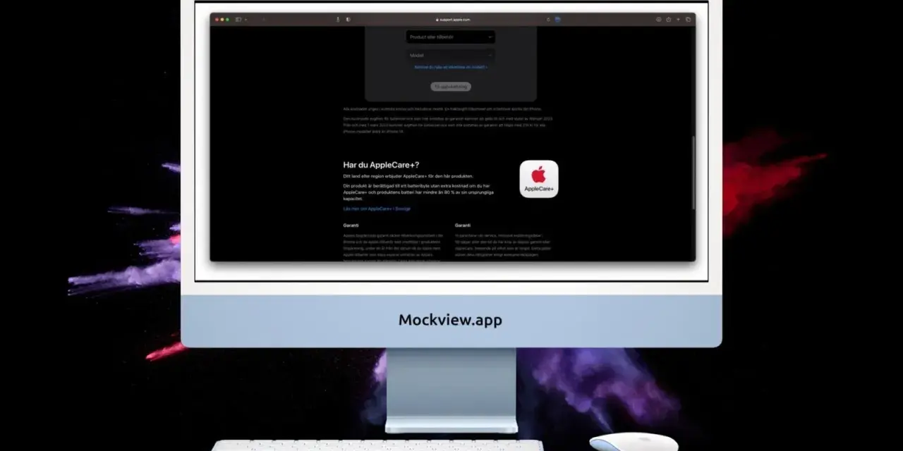 En iMac visar en webbsida om AppleCare+ och garanti för iPhone.