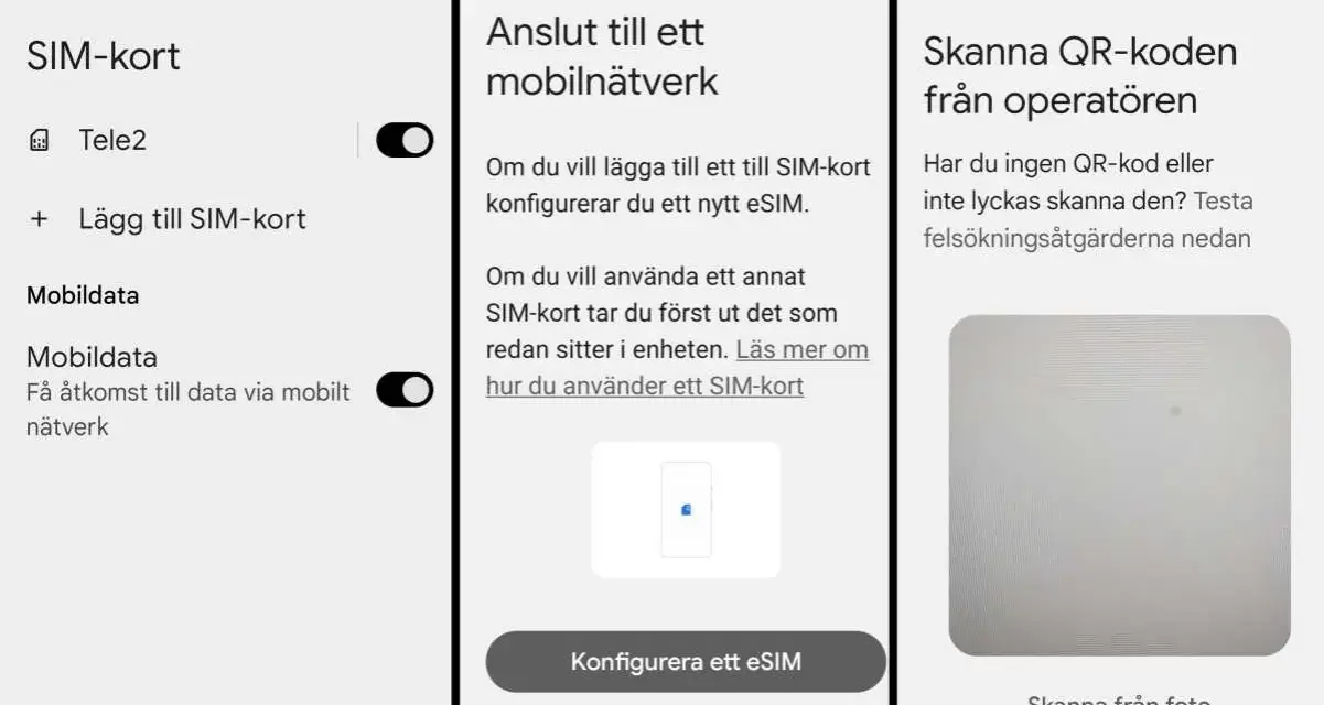 Inställningar för SIM-kort. Visar alternativ för att lägga till SIM-kort, konfigurera eSIM och skanna QR-kod från operatören.