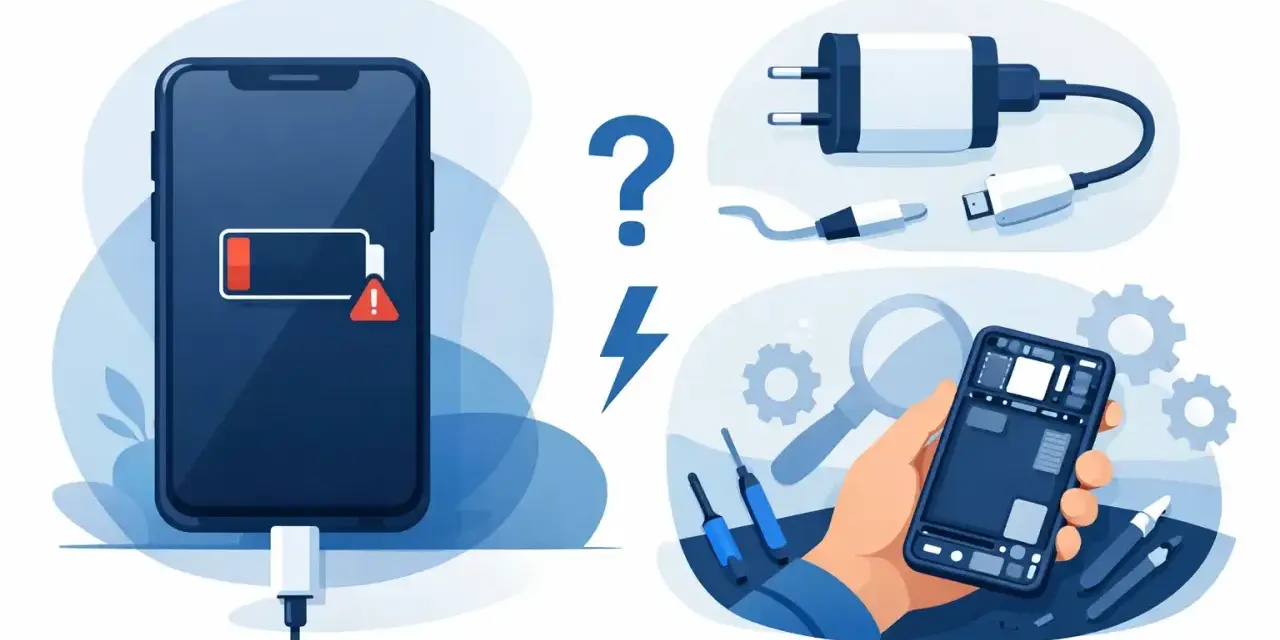En mobil med lågt batteri och en varningstriangel. Bredvid syns laddare, verktyg och en öppen mobil, vilket antyder att mobilen laddar inte.