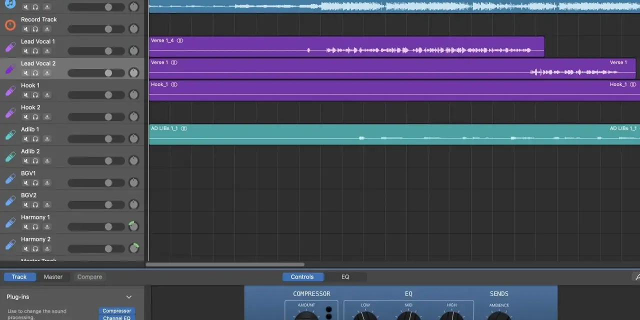 Skapa en ringsignal för iPhone i GarageBand. Spår för beat, sång och adlibs syns. Kontroller för kompressor, EQ och reverb är synliga.