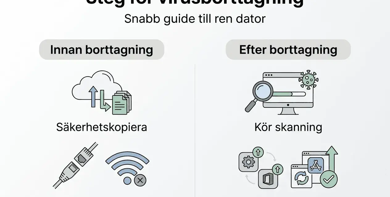 Guide för att trojan virus ta bort: säkerhetskopiera, koppla från nätet, kör skanning och uppdatera program.