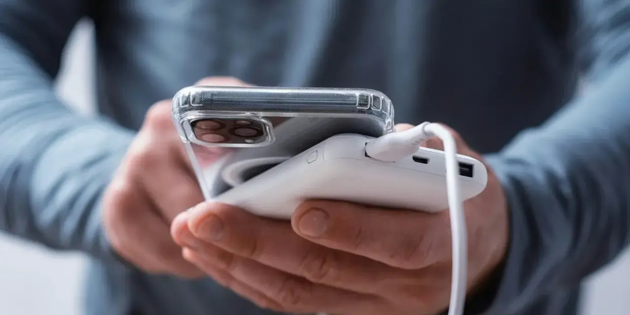 En person laddar sin mobiltelefon med en powerbank. Frågan "vad kostar det att ladda en mobiltelefon" är relevant när man använder en extern laddare.