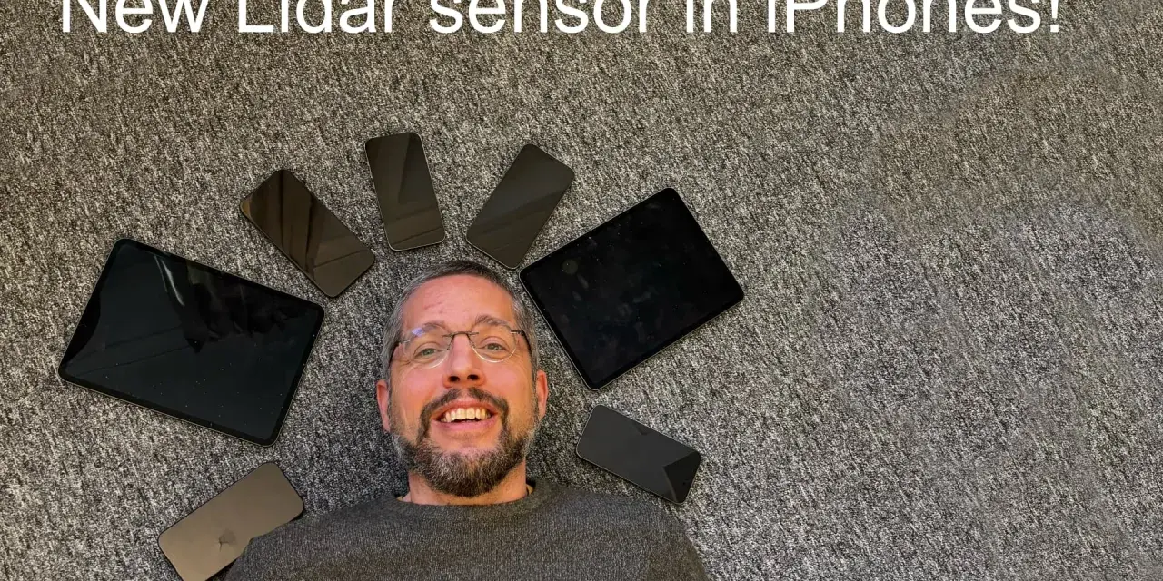Man med glasögon omgiven av iPhones och iPads. Texten "New Lidar sensor in iPhones!" syns.