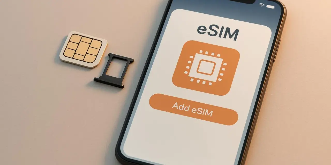 En telefon visar hur fungerar esim med en knapp för att lägga till. Bredvid ligger ett traditionellt SIM-kort och dess hållare.