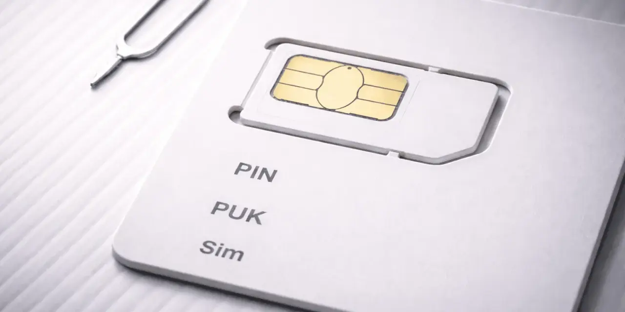 SIM-kort med PIN- och PUK-kod. Ett verktyg för att ta ut SIM-kortet ligger bredvid.