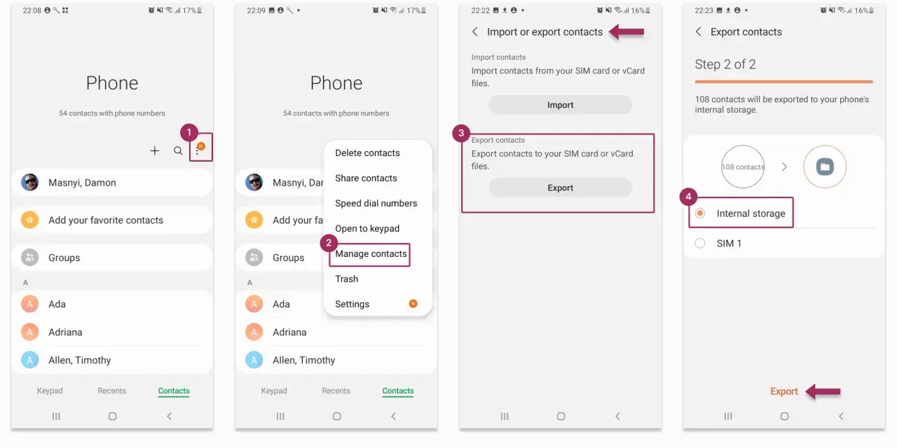 Steg för steg för att exportera kontakter från Android till intern lagring.