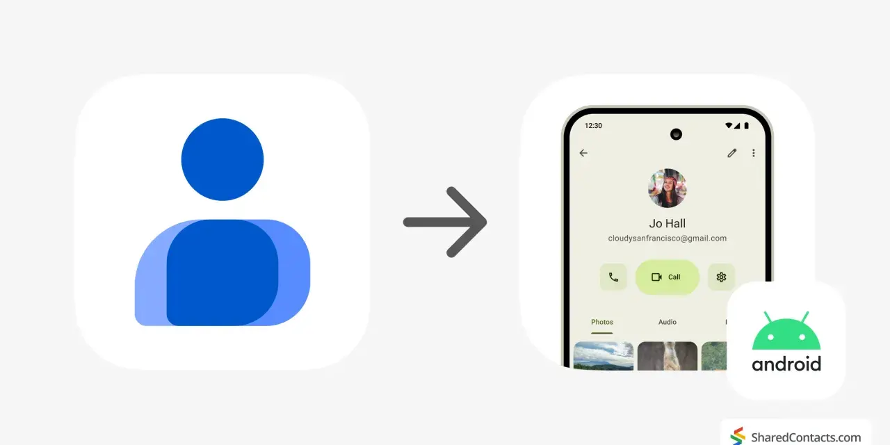 Enkel guide för att flytta kontakter från Android till iPhone. En ikon för kontakter övergår till en Android-telefon med kontaktinformation.