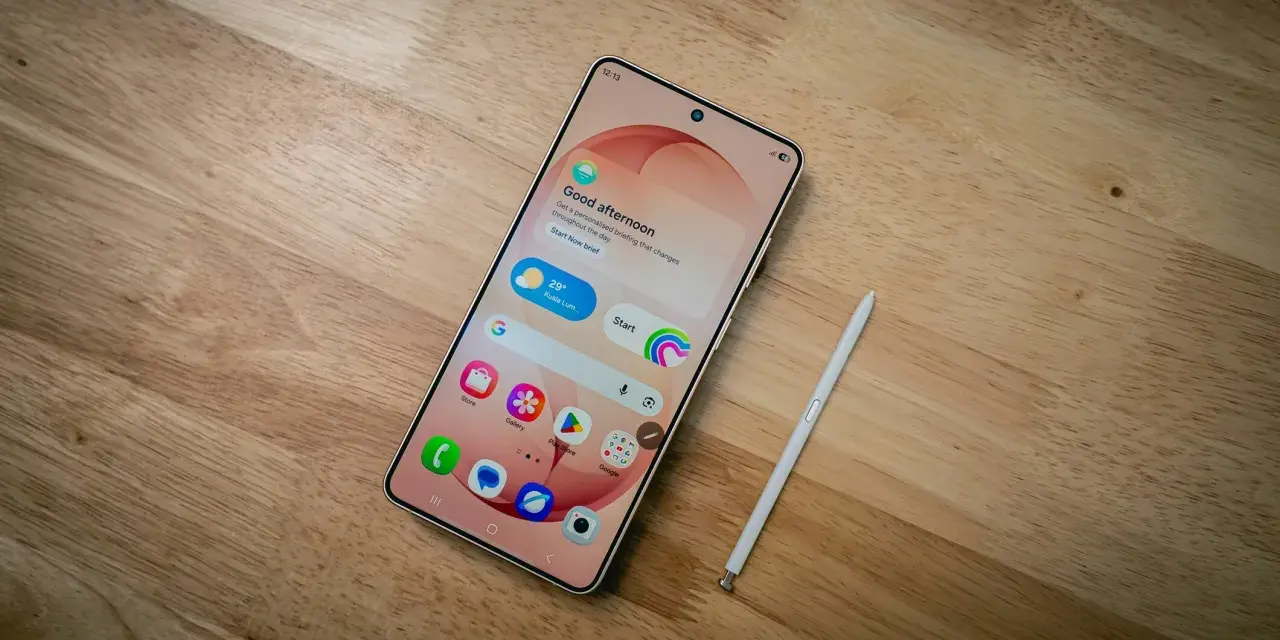 Samsung-telefon med stylus och simkort. En skärm visar "Good afternoon" och väder.