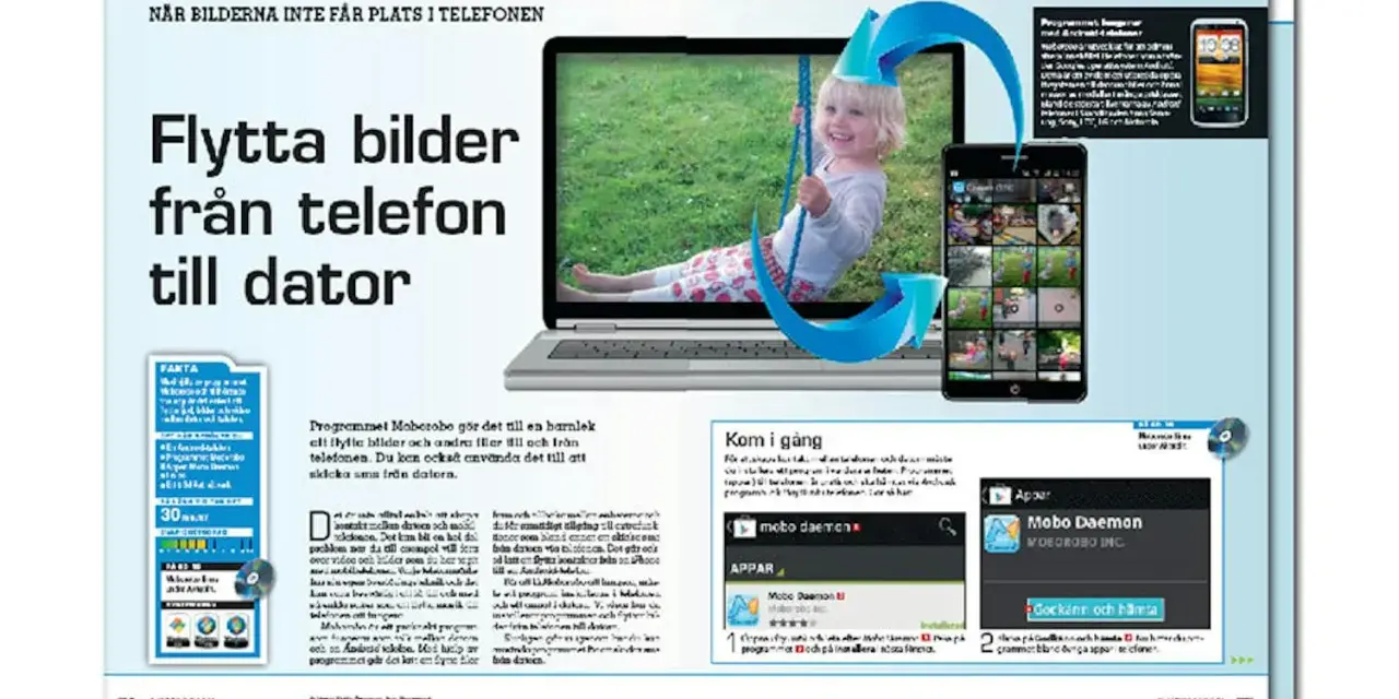 En guide för att flytta bilder från telefon till dator, med en glad flicka på en gunga som visas på en datorskärm.