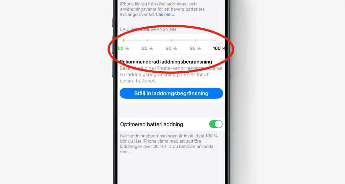 iPhone-inställningar för optimerad batteriladdning. Justera laddningsbegränsningen för att bevara batteriets livslängd.