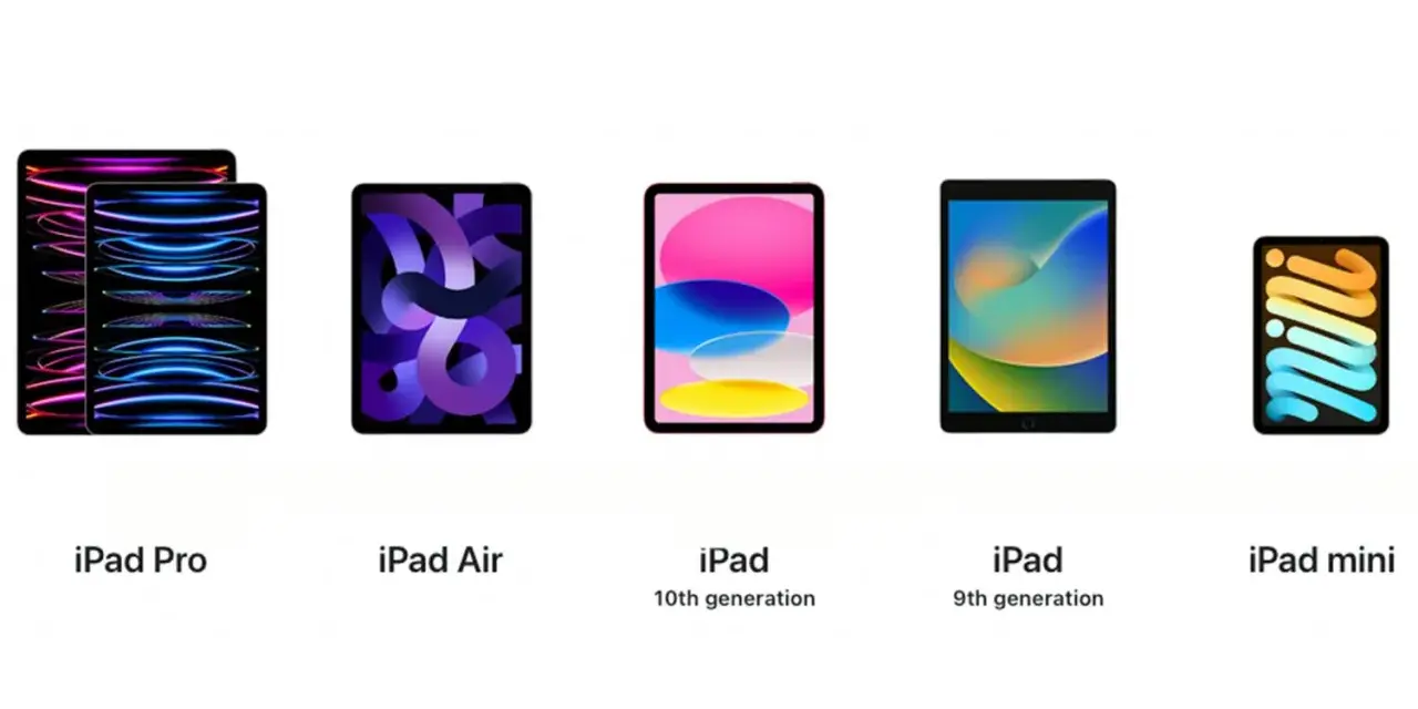 Jämförelse av iPads: Pro, Air, 10:e gen, 9:e gen och mini. Här ser du skillnad iPad och iPad Air.