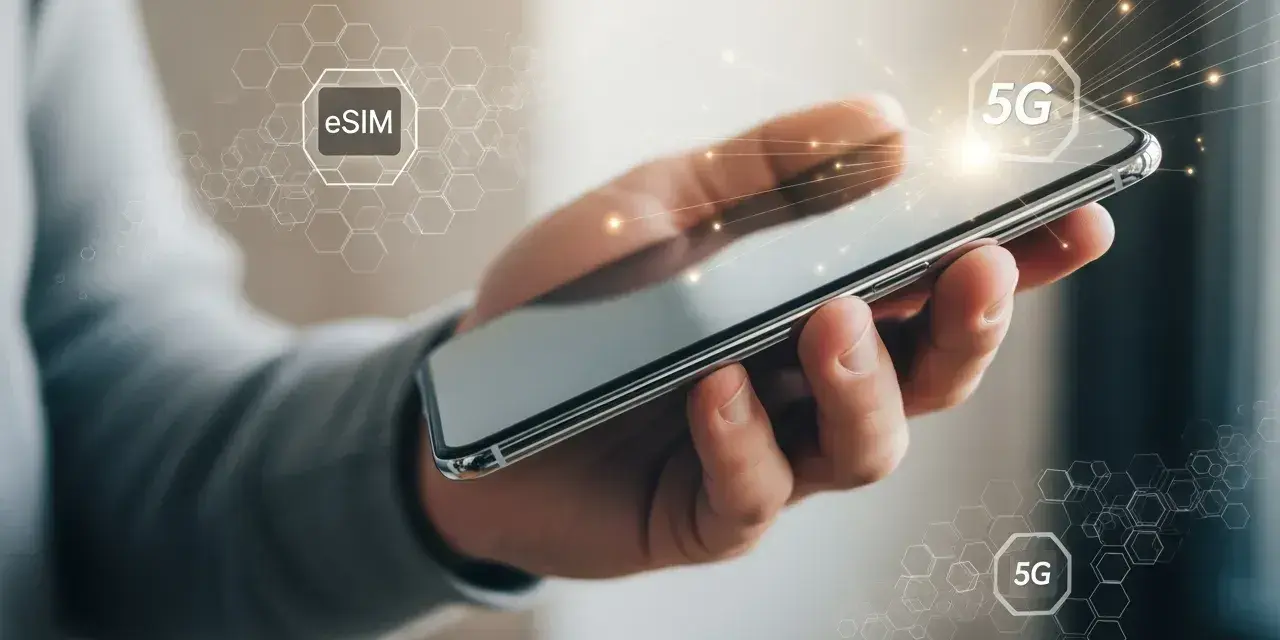 En hand håller en smartphone med ikoner för eSIM och 5G. Enkel process att flytta eSIM till ny telefon.
