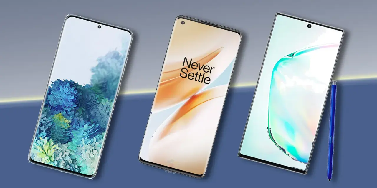 Tre moderna smartphones, en med blå blommor, en med "Never Settle" och en med stylus. Perfekt för att skicka bilder från iPhone till Android.