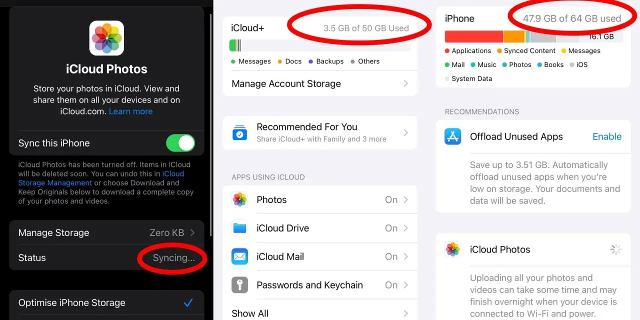 Inställningar för iCloud Photos visar att synkronisera iPhone med iPad pågår.