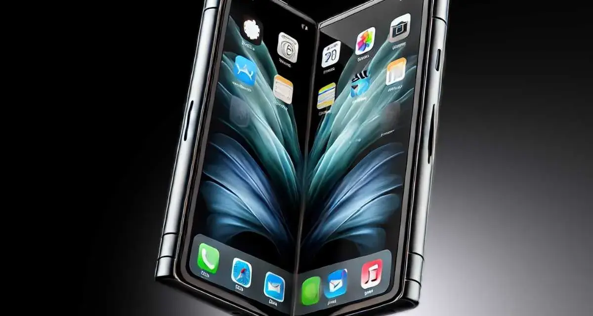 En futuristisk iPhone flip-telefon med två skärmar som visar ikonerna för appar.
