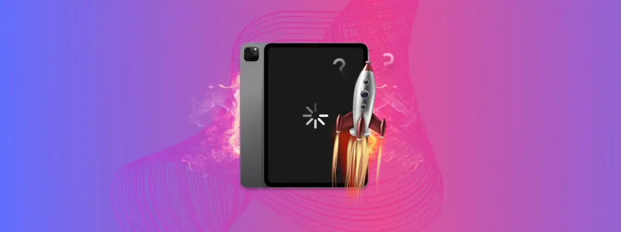 En raket skjuter upp från en iPad, som symboliserar att ipad batteri laddar ur snabbt.