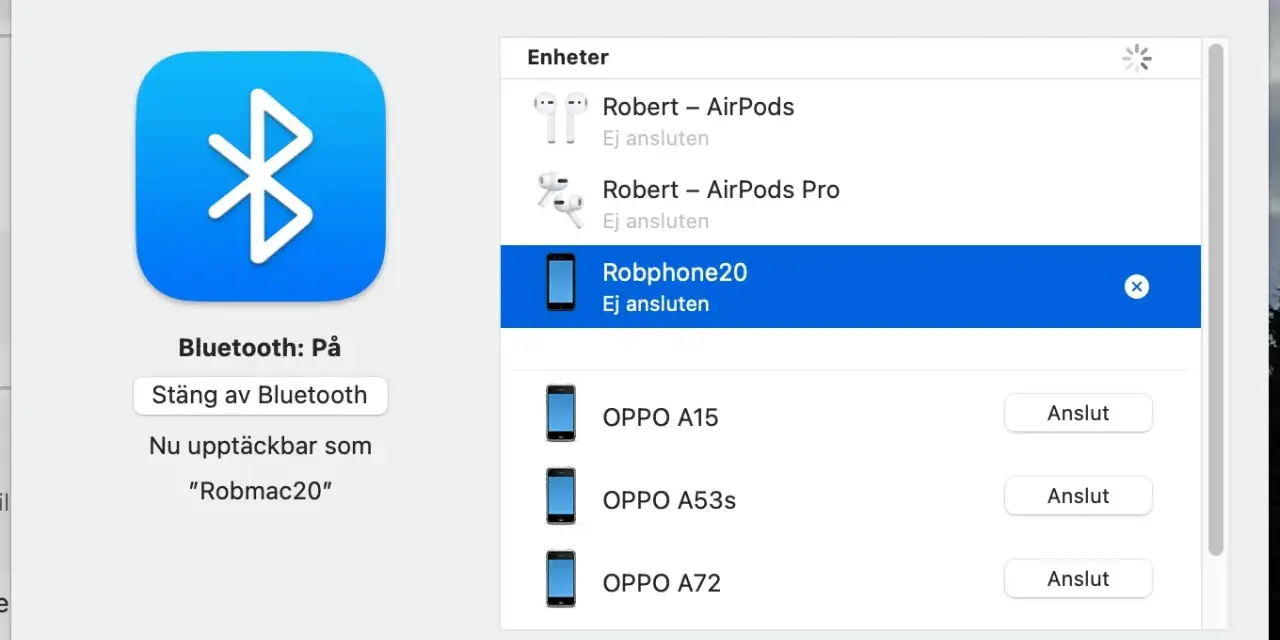 Bluetooth-inställningar visar hur du kan koppla iPhone till dator. Enheten "Robphone20" är listad men ej ansluten.