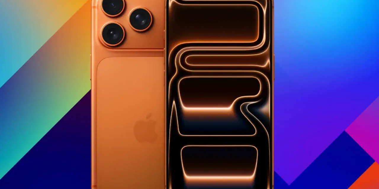 Orange iPhone 18 Pro med tre kameror på baksidan och en skärm med glödande linjer.