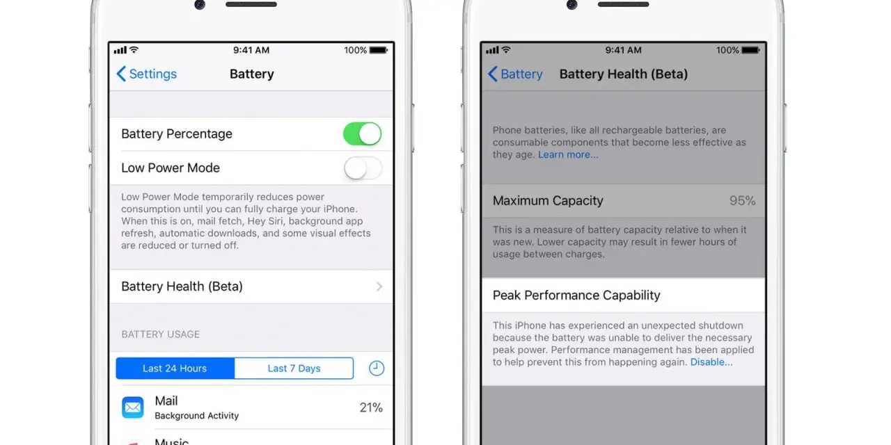 iPhone 11 batteri kapacitet visas som 95% maximal kapacitet. Inställningar för batterihälsa och strömsparläge.
