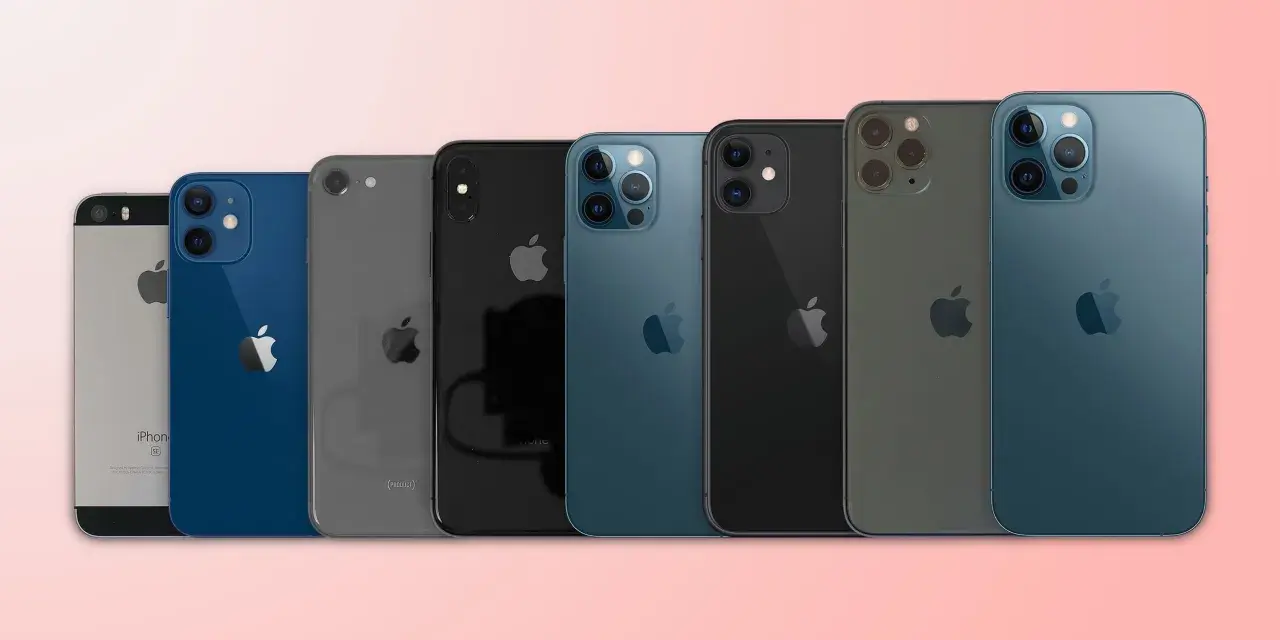 Rad av iPhones i olika färger och iphone storlekar, från SE till Pro Max-modeller.